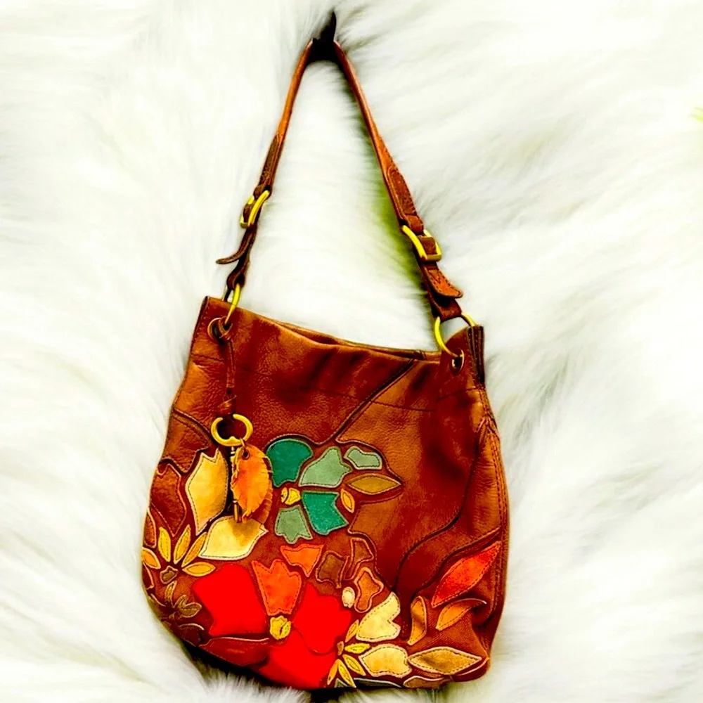 RARE Fossil Desi Flower Hobo Y2K Bag Genuine Leather Purse Key Fob Charm
